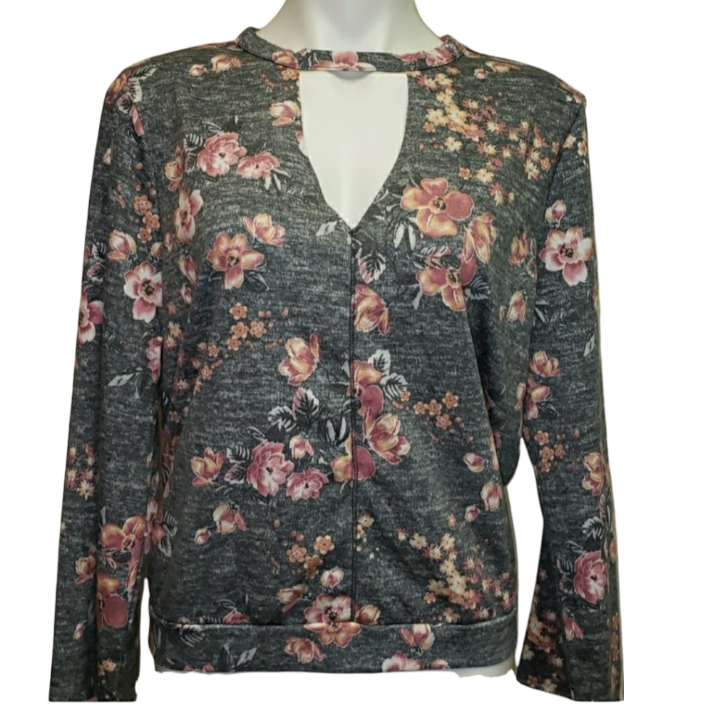 Floral Cut-out V-neck Light Sweatshirt Women's Size Large NWOT Grey